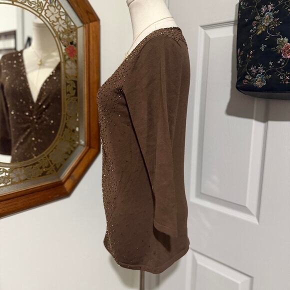 Y2K Colleen Lopez Dark Brown & Copper Beaded Ruched Mid Sleeve Glam Top S/M - Picture 4 of 7
